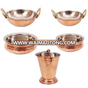 Tlt Collection - HandMade Steel Copper Kitchen Set of 1 Bucket 2 Handi 2 Kadai for Hotelwares - Serving Dishes Kitchen Set